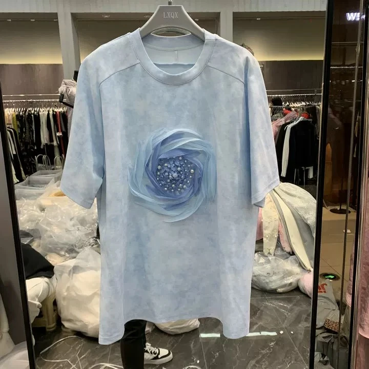 欧洲站2025夏季新款圆领立体网纱绣花钉珠晕染宽松洋气大版T