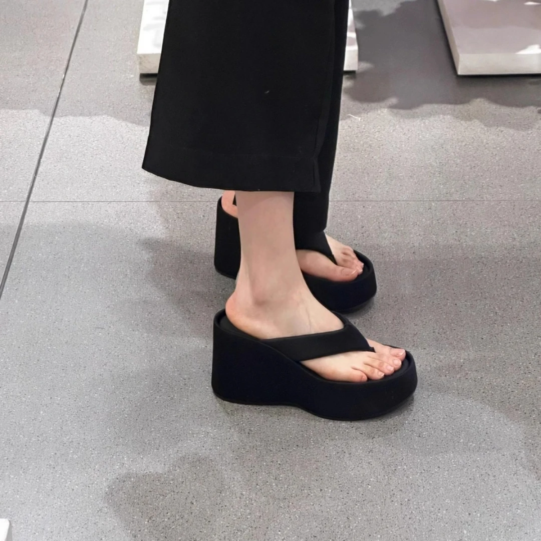 羊皮版~小个子厚底人字拖女夏外穿夹脚真皮沙滩拖鞋坡跟凉鞋夏季