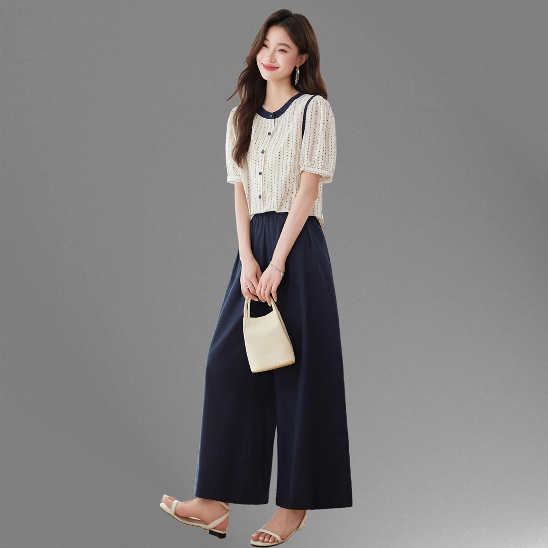 短袖衬衫时尚套装女2025夏新款气质减龄宽松大码休闲阔腿裤两件套