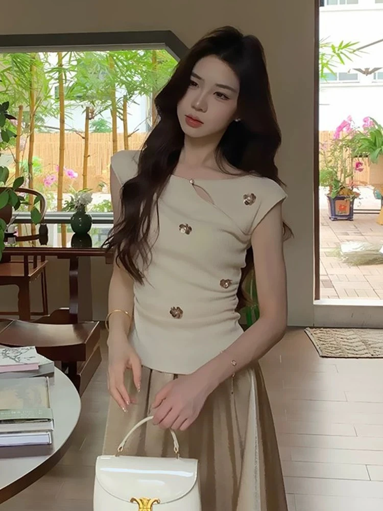 【张开心】法式复古气质高级感亮钻无袖上衣阔腿裤两件套