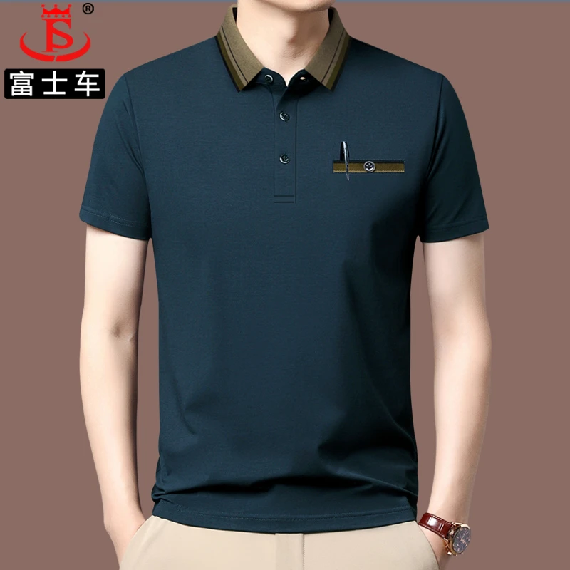 中老年短袖t恤男纯色翻领宽松真口袋Polo衫爸爸休闲宽松男装上衣