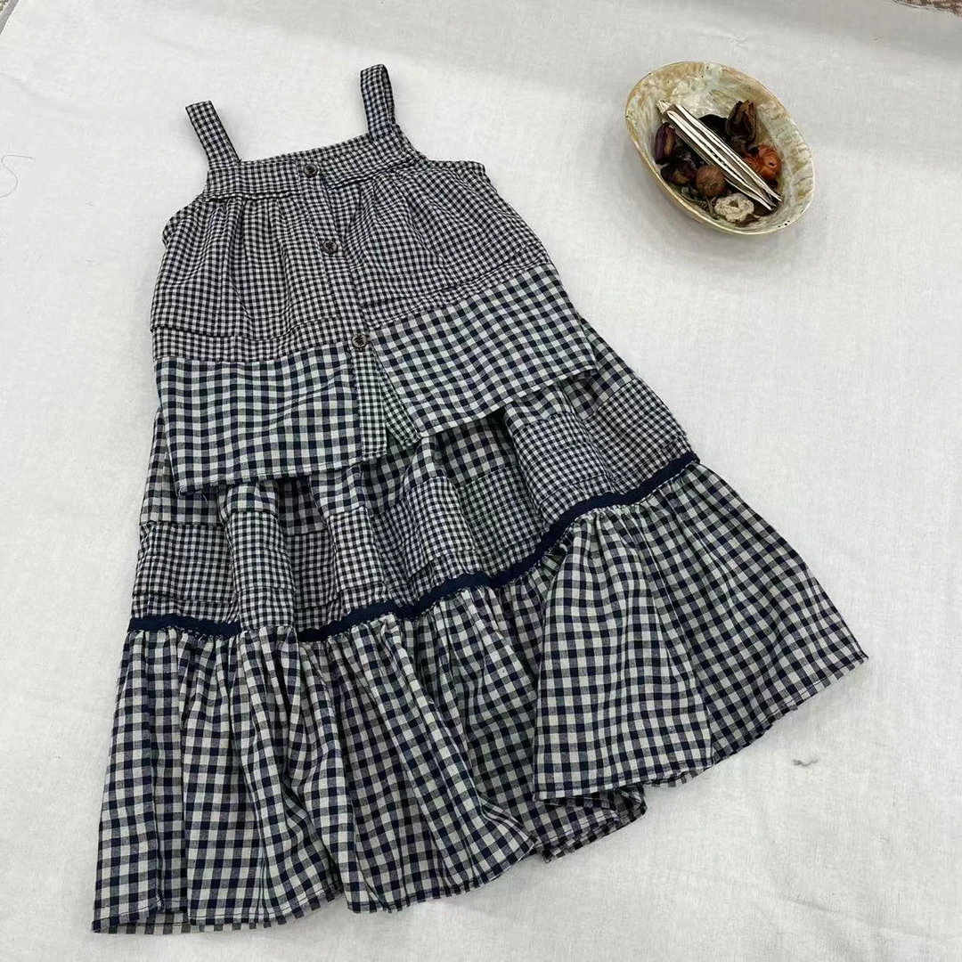 〖姐姐家〗2025夏款儿童萌娃穿搭格子多层吊带套装bt5812