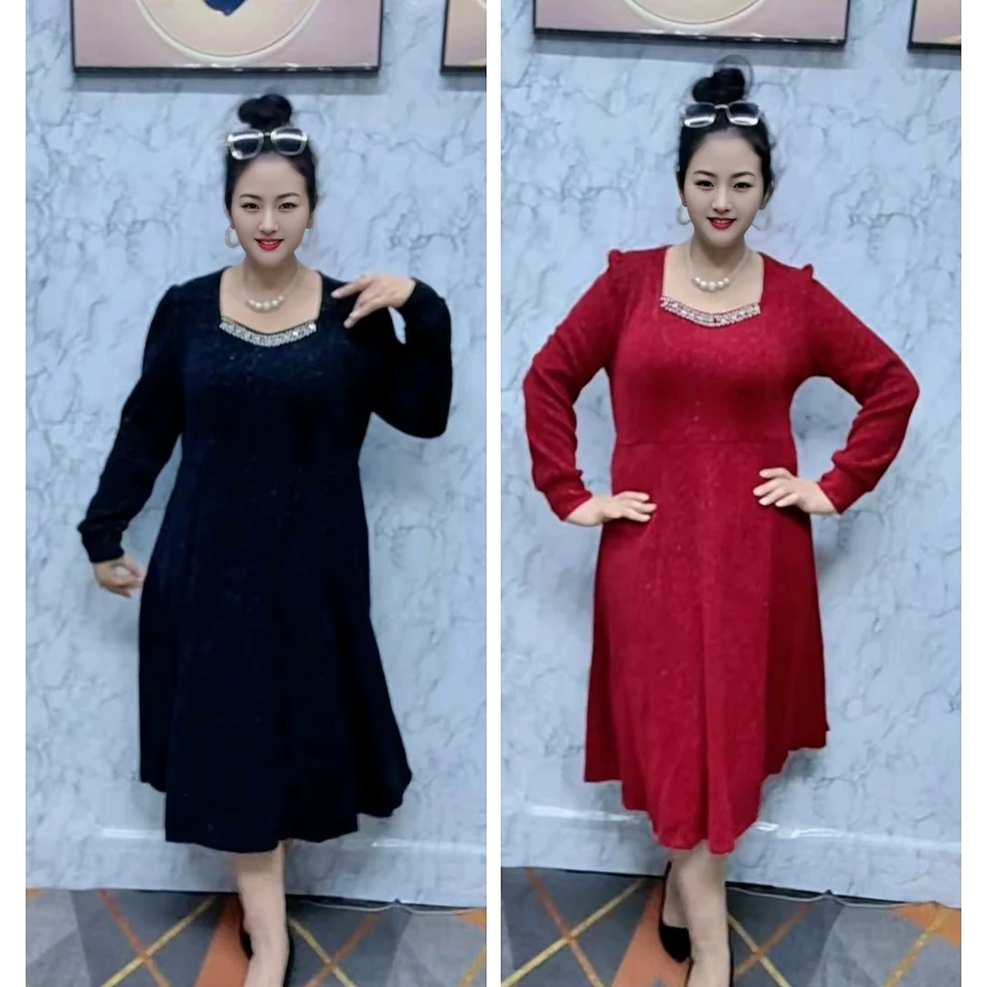 成人中长裙常规款裹胸长袖U型领高腰常规大码连衣裙