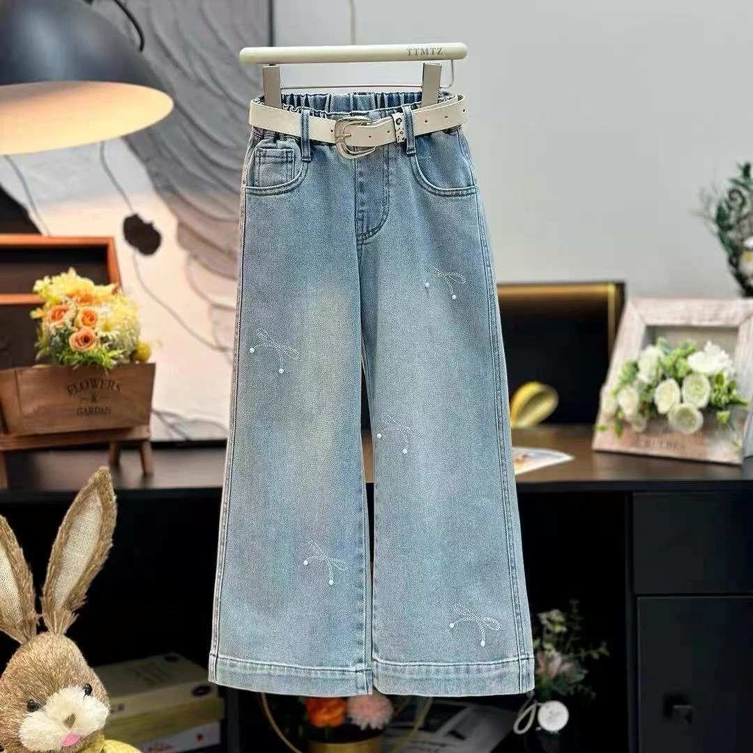 女童韩版牛仔裤2025秋装新款重工烫钻休闲牛仔阔腿裤宽松直筒裤