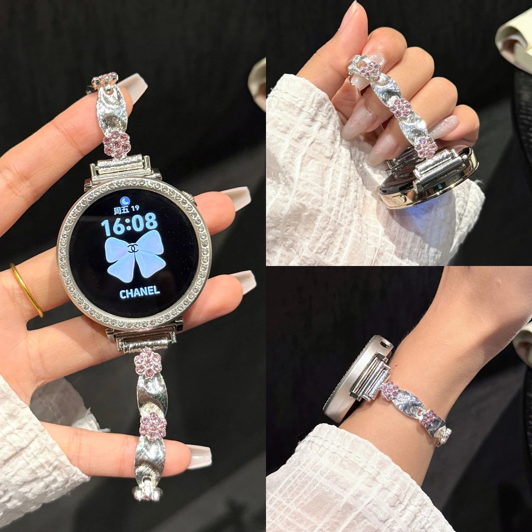 《丝绸花朵》适用华为手表gt6镶钻gt5链式华为watch5金属表带高级女