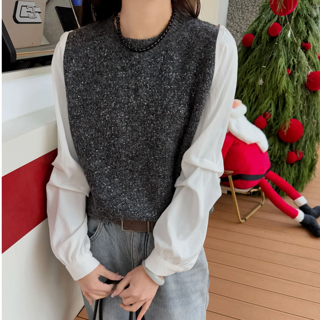 【苗姐优选】韩系假两件洋气设计感长袖圆领针织衫宽松毛衣6578NY