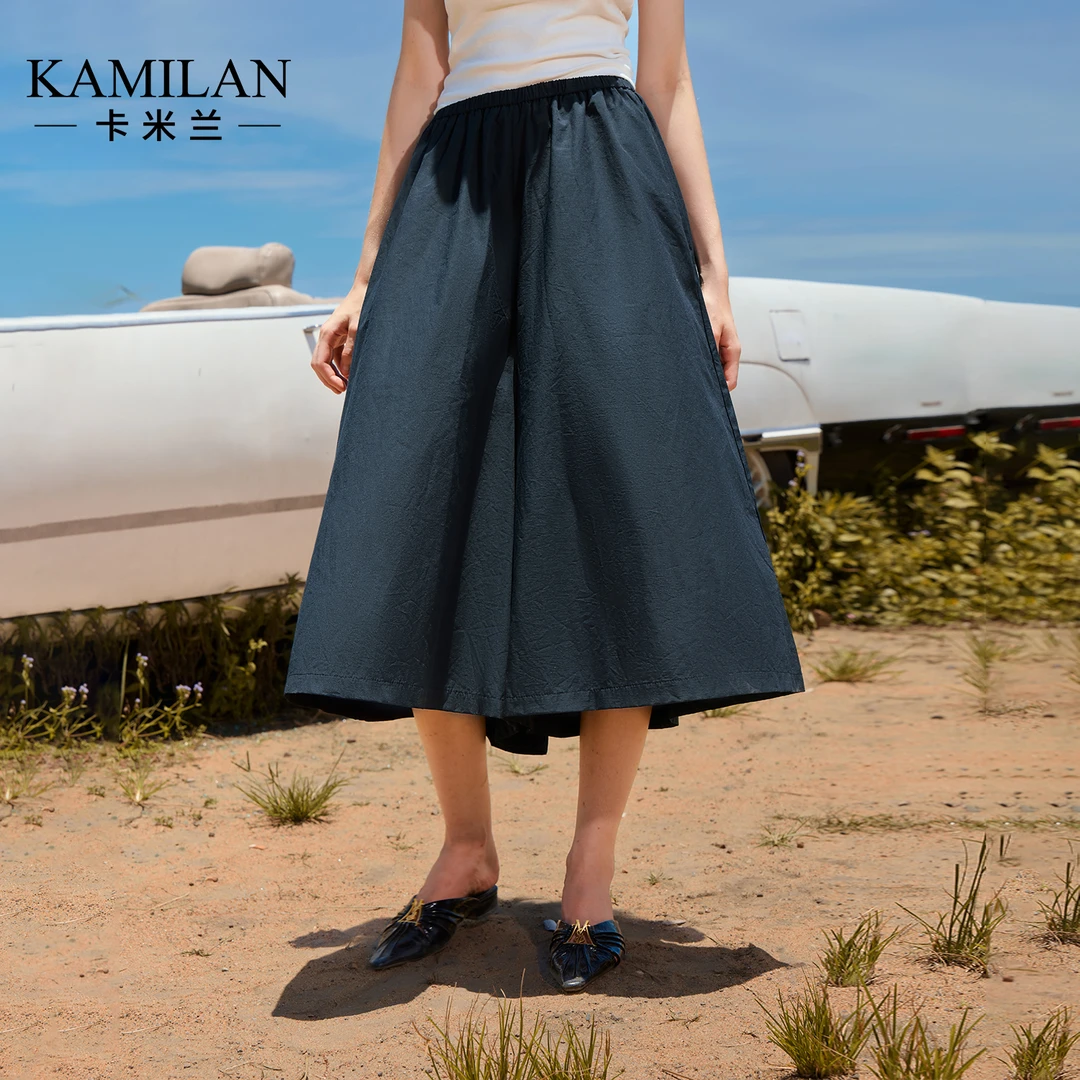 卡米兰阔腿宽松七分休闲裤女2025夏季流行新款好看气质显瘦裤子