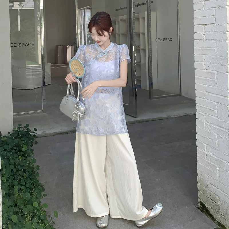 新中式国风轻奢套装女2025夏季新款复古盘扣小衫上衣阔腿裤两件套
