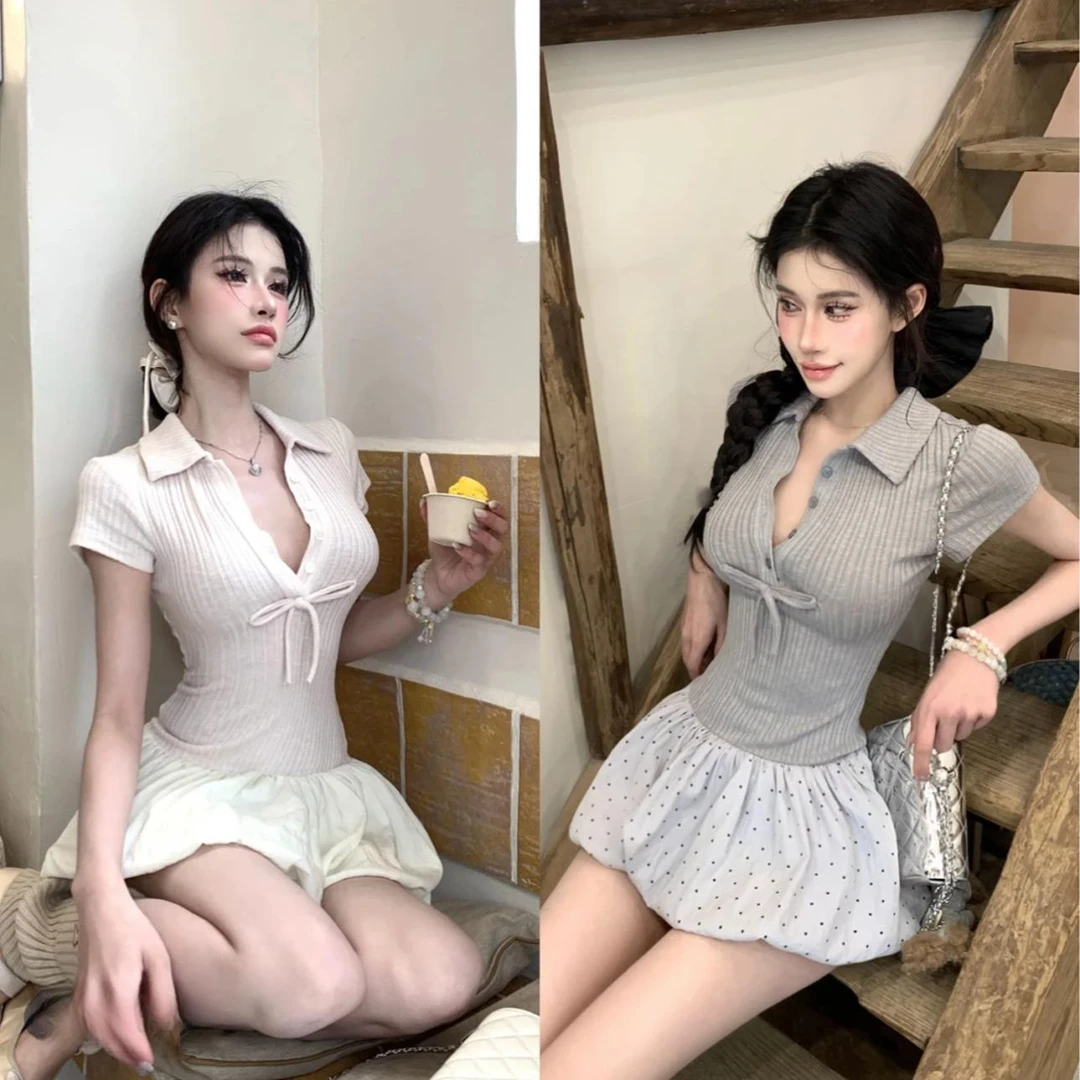 轻奢新款 甜美芭蕾风针织拼接波点短袖连衣裙a字摆蓬蓬俏皮超火的