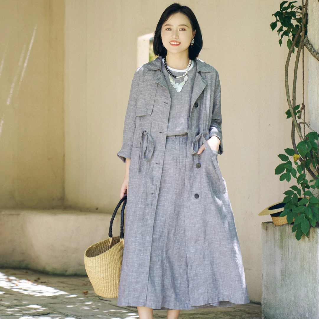 梭家|守拙·贰|休闲气质灰白色织亚麻长袖翻领风衣秋季女中长外套