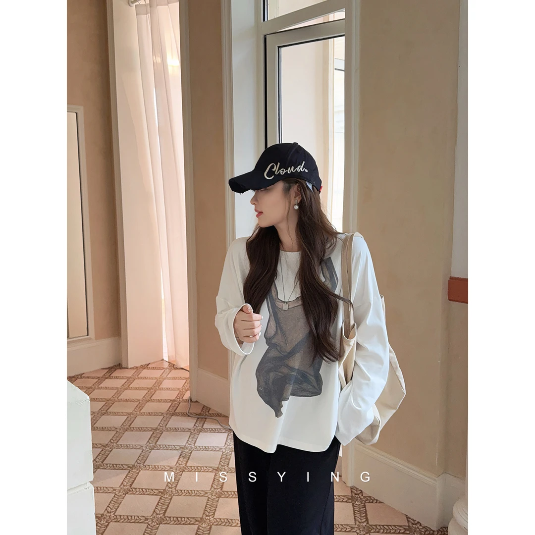 应小姐【薄雾漫影】微胖大码韩系宽松休闲百搭简约显瘦圆领印花T恤