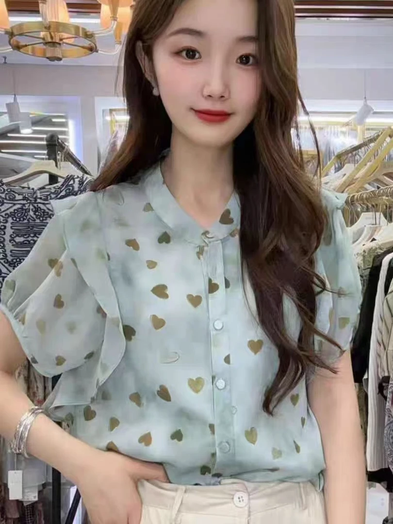 韩版气质减龄桃心短袖衬衫女装2025夏季新款休闲显瘦独特漂亮上衣