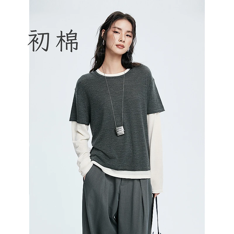 假两件羊毛拼接圆领长袖T恤