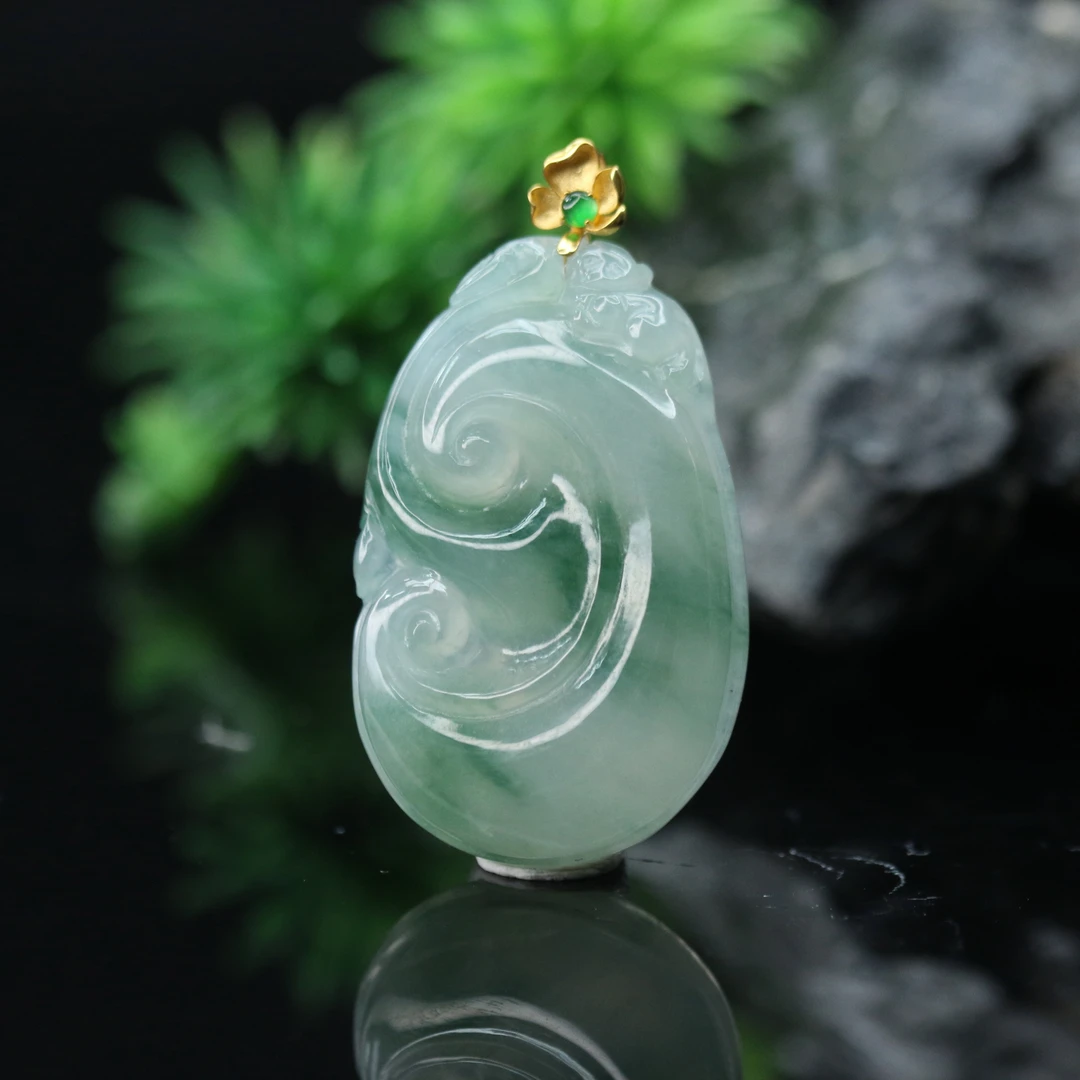 FC5天然缅甸翡翠A货18k冰飘花如意/900020/保利厦门拍卖