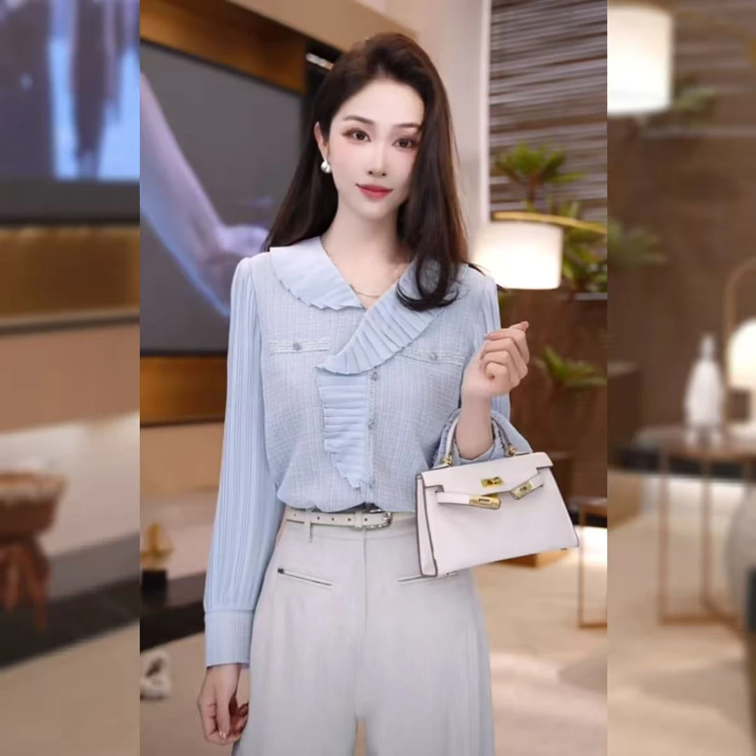 【林雪雪】清风新款气质法式领口不规则风琴褶宽松百搭衬衫116398