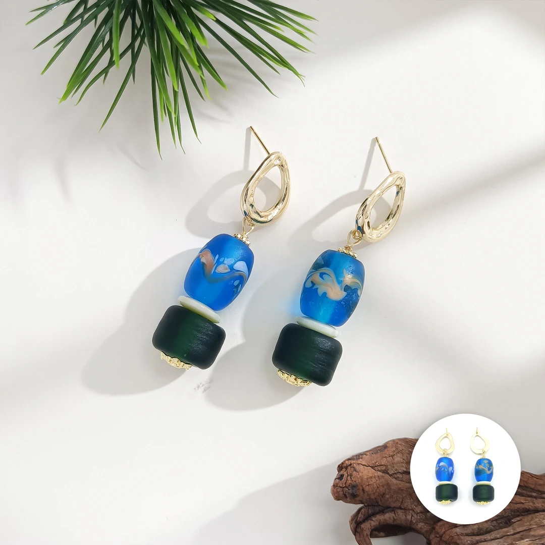 铜合金琉璃耳饰 WRSS-006501【松蓝凝露】耳饰气质精致简约