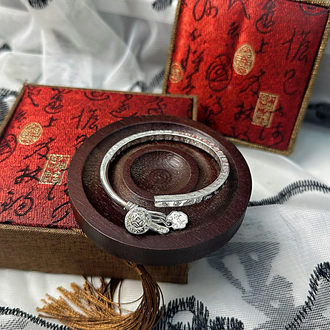 足银手镯 999.9 【S144】27g 四方吉言开口手镯经典百搭手工时尚复
