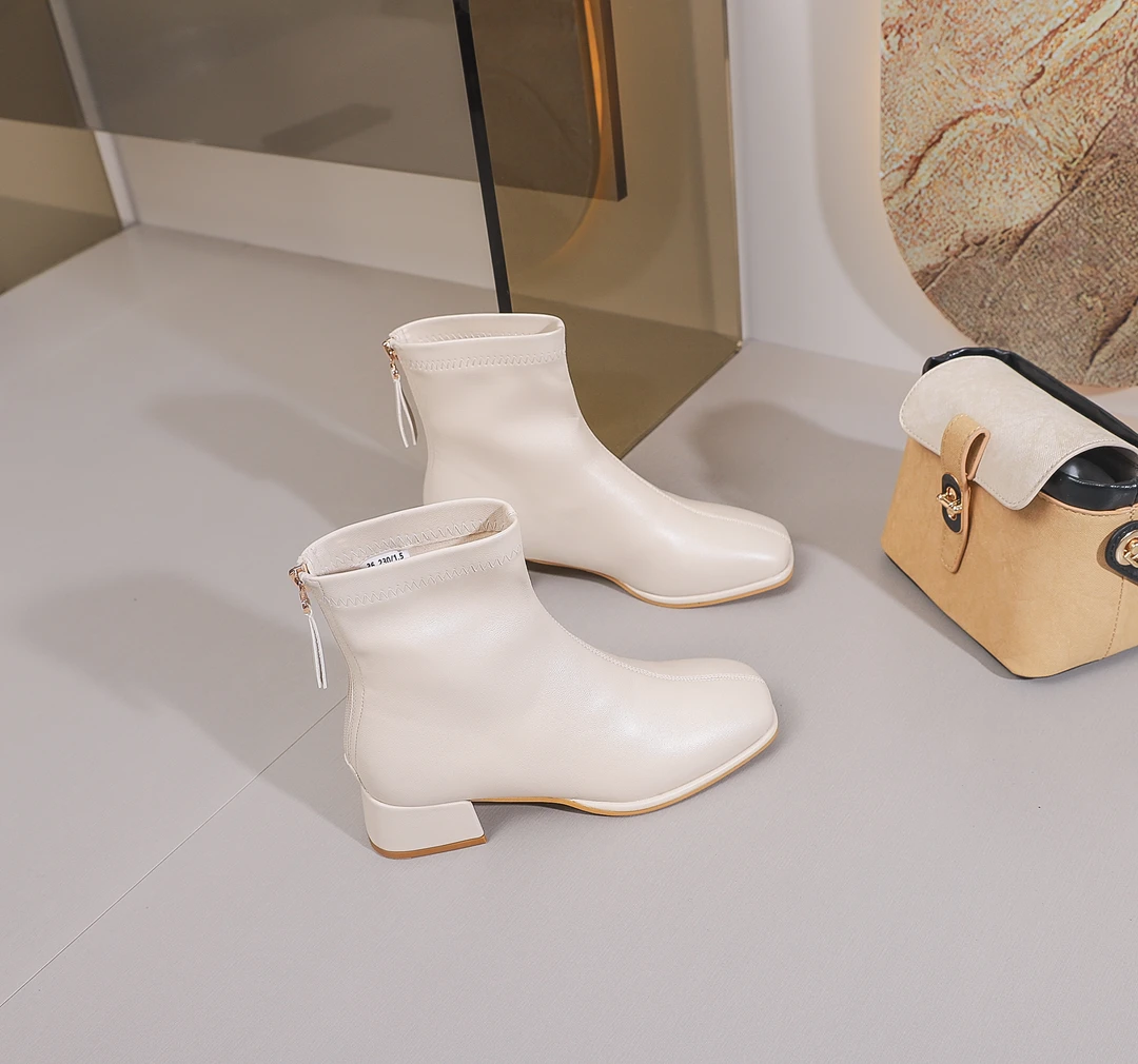 【春季物语】法式马丁靴女2025春季新款粗跟瘦瘦靴气质米色小短靴