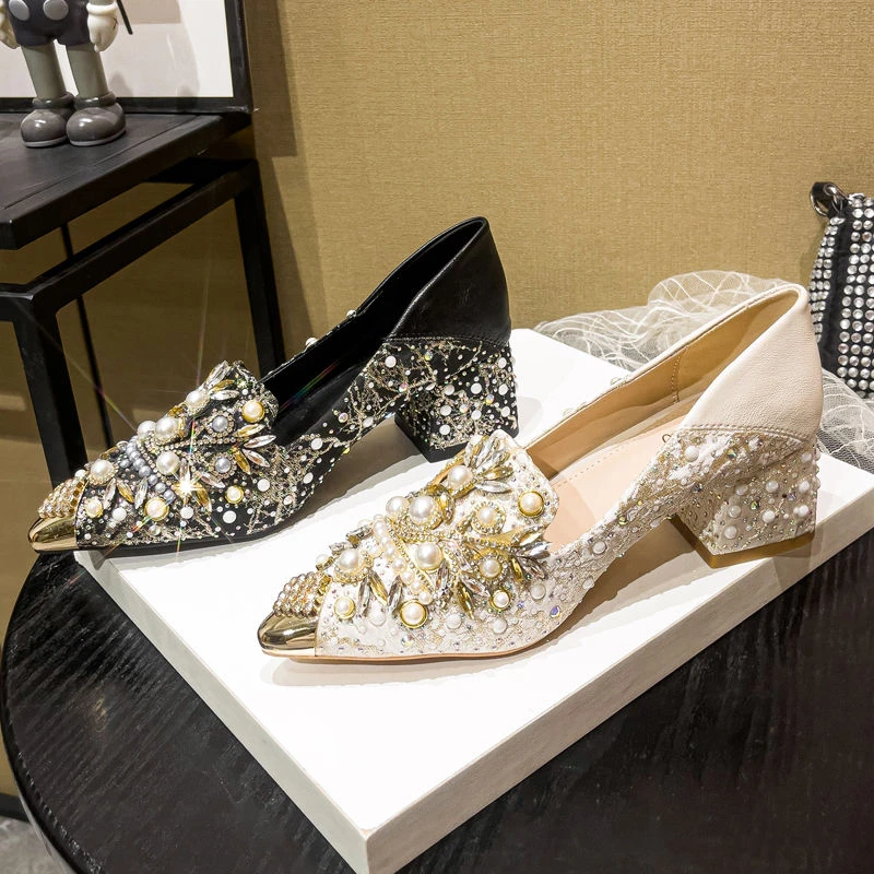 【8393人收藏】粗跟单鞋浅口秋季新款不累脚单鞋尖头高跟水钻雪莲