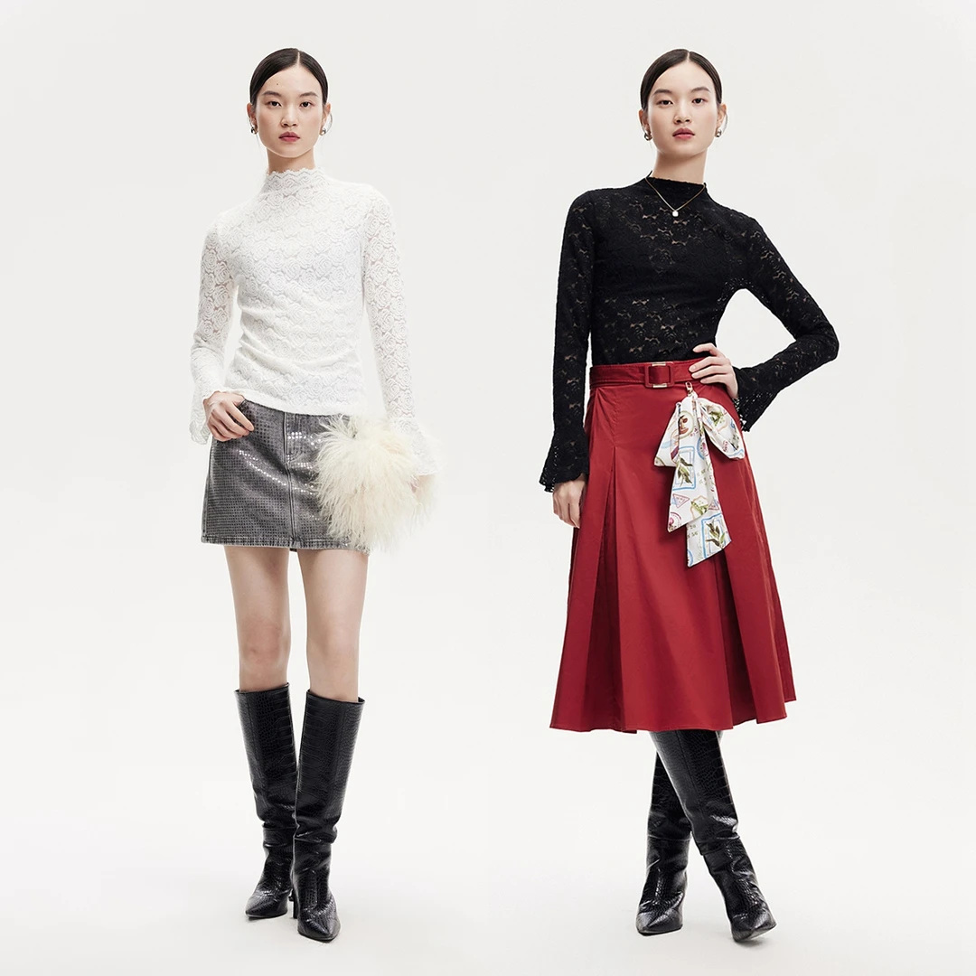 Vero ModaT恤女内衬镂空钩花【雪山玫瑰】半高领修身324302014