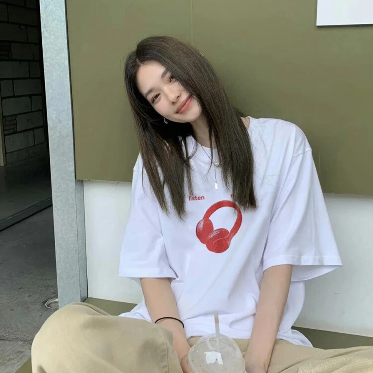 白色短袖t恤女春夏薄款白色百搭小众宽松纯棉正肩慵懒风ins上衣女