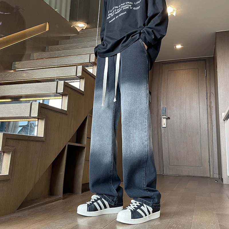 新款英伦风直筒阔腿男士薄款牛仔裤中腰撞色微弹力潮