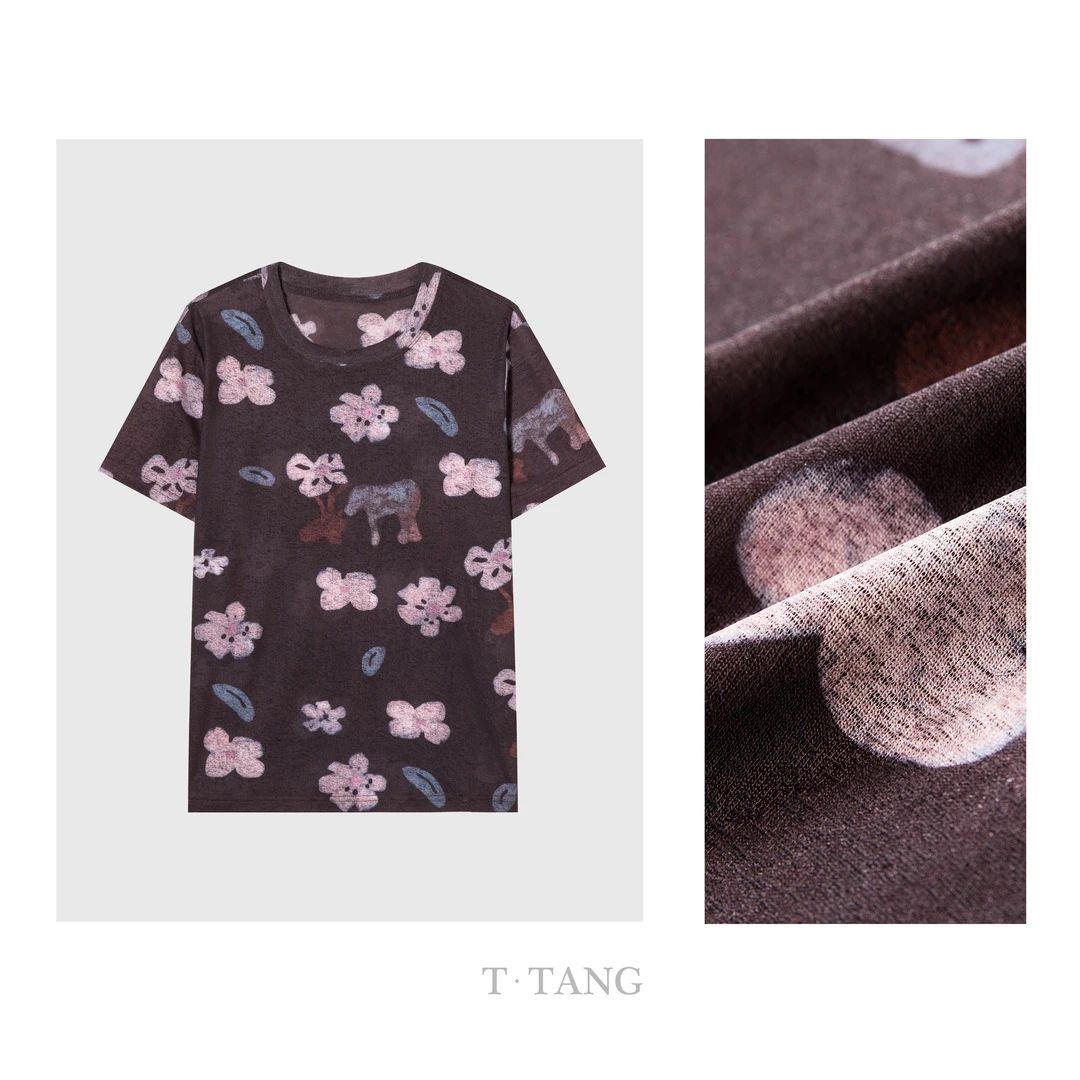 夏季2025新款100D罗纹竹节冰麻面料时尚百搭印花圆领T恤【7053】FF