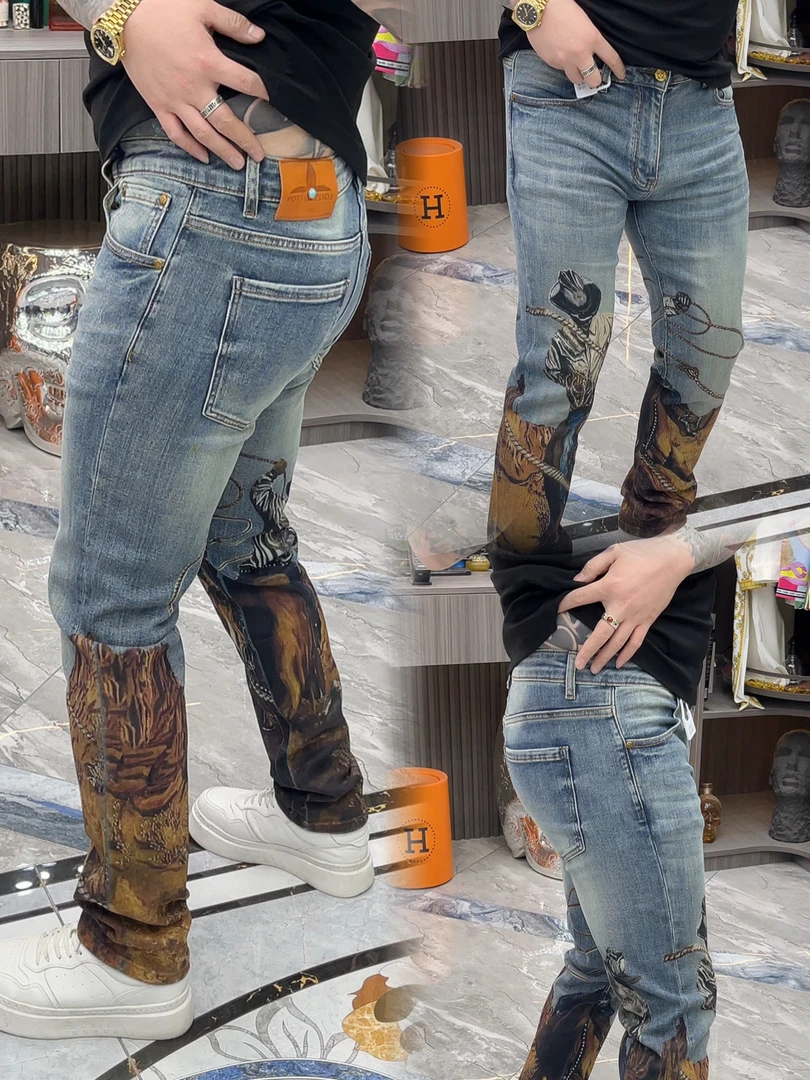 SH轻奢时尚高端男士潮流提花休闲小直筒牛仔裤