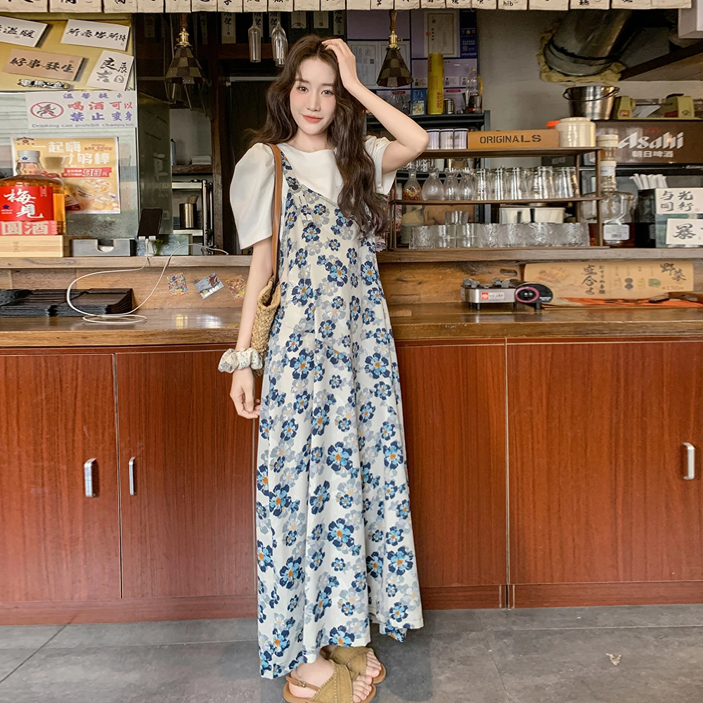 韩系慵懒风小花轻薄连体裤女春夏2025新款时尚宽松直筒阔腿背带裤