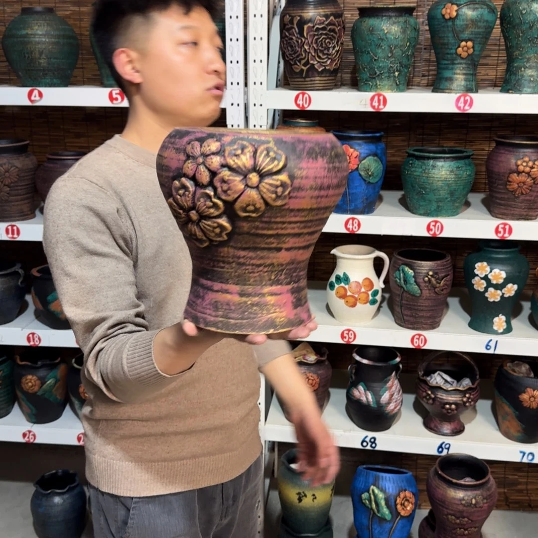 红陶红陶浮雕花盆炸炸炸