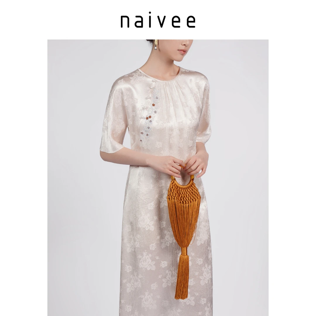 【Naivee/纳薇】25夏醋酸旗袍裙夏改良刺绣连衣裙山茶提花254268838