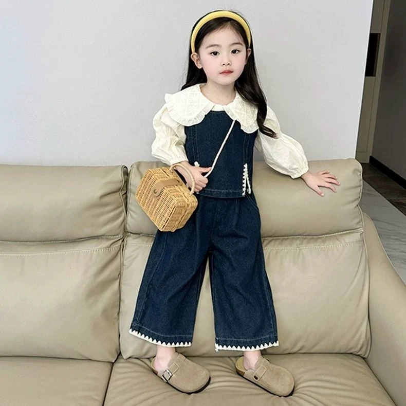 2025春秋新款女童时髦翻领衬衫套装中小童洋气百搭牛仔马甲休闲裤