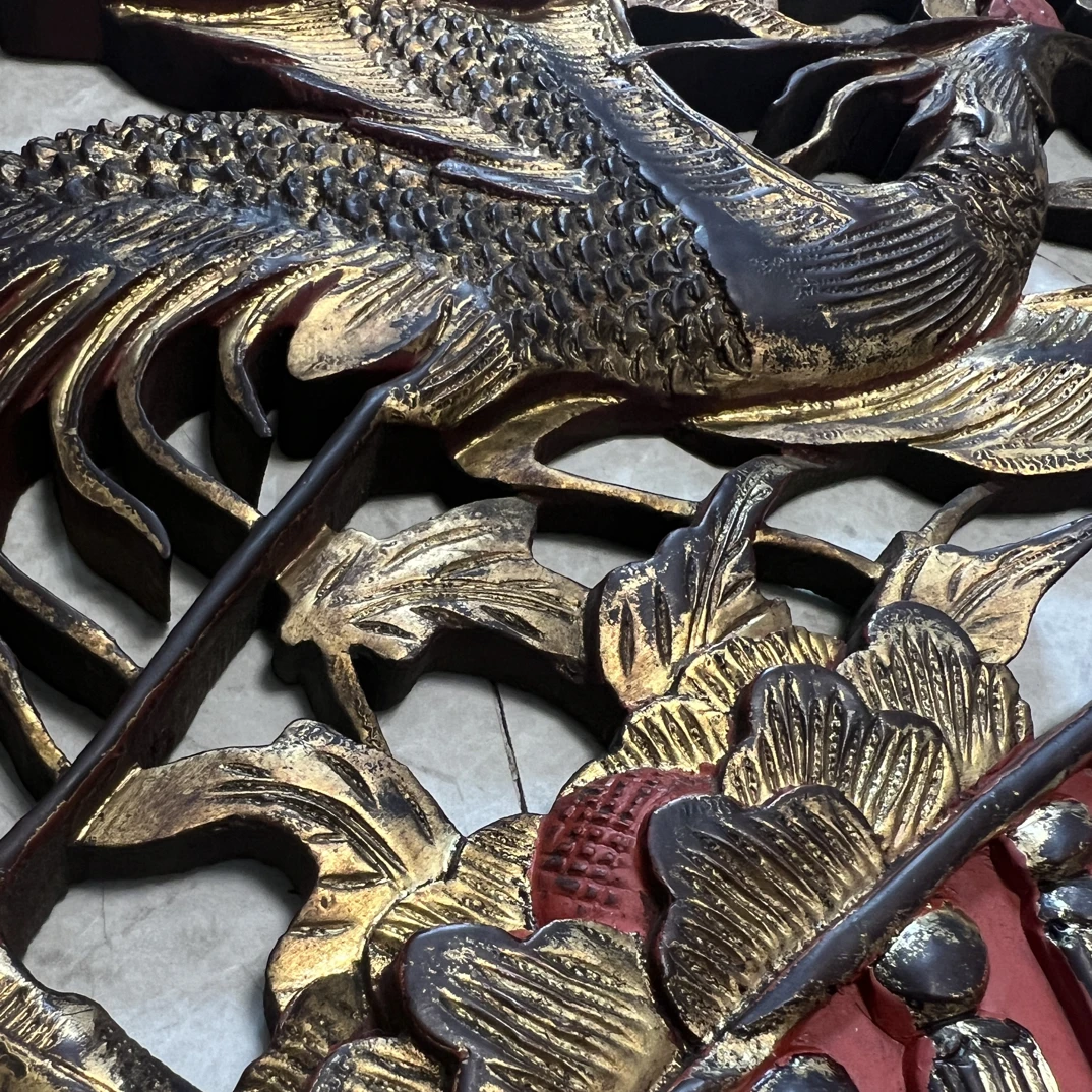 凤凰木雕花板镂空彩色金鱼描金壁挂玄关墙面家居客厅