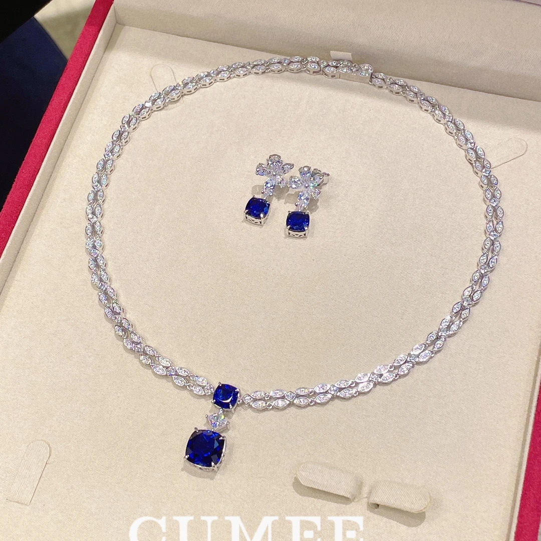 Cumee 链子足银 夏日新品 花瓣公主方皇家蓝色合成蓝宝耳坠项链
