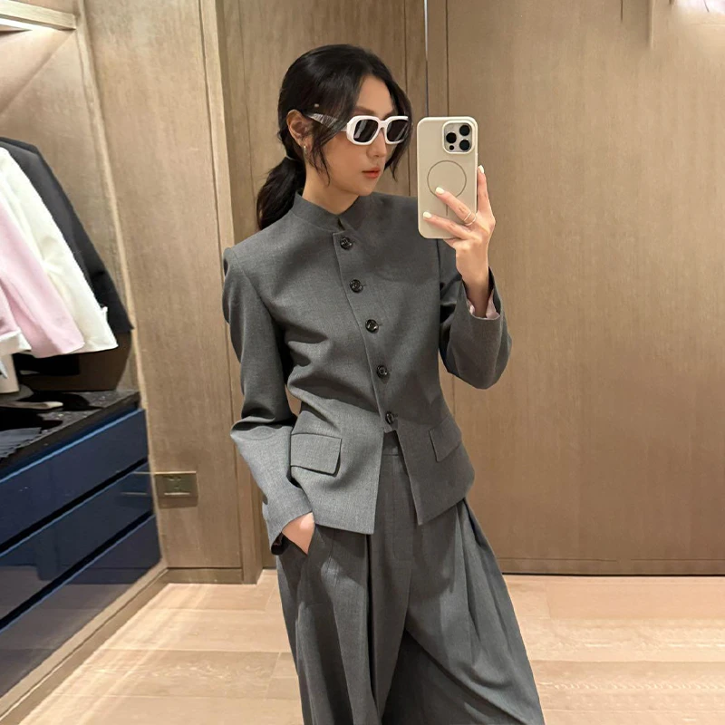 新中式复古西装套装女2025秋季高级感气质国风立领外套长裤两件套