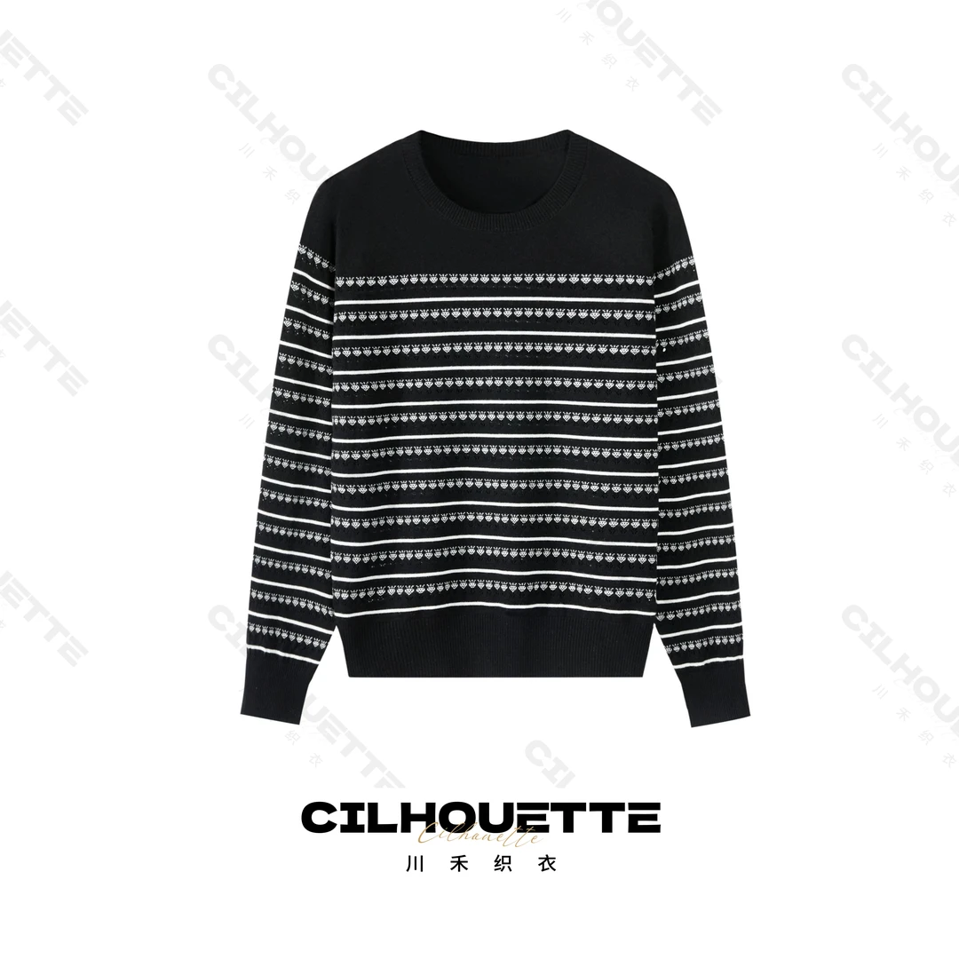 川禾织衣 秋季高端镂空花朵圆领羊毛针织打底衫洋气显瘦长袖毛衣