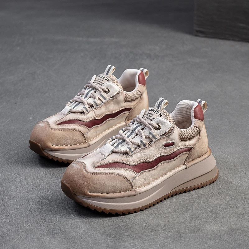 2025春季新款真皮厚底增高拼色复古阿甘鞋女透气网面休闲运动女鞋