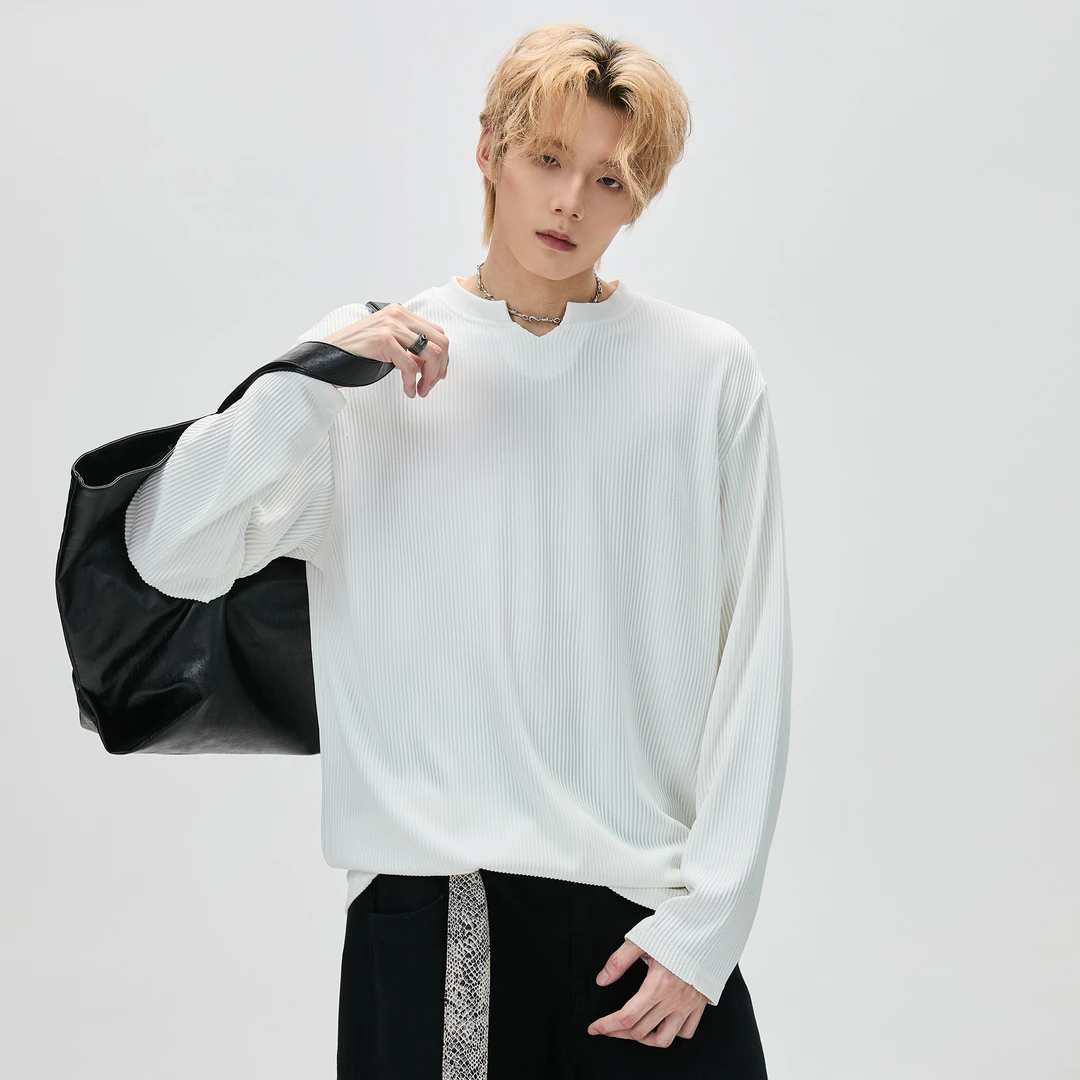 白色V领长袖t恤男痞帅秋季慵懒休闲cleanfit宽松内搭打底衫上衣