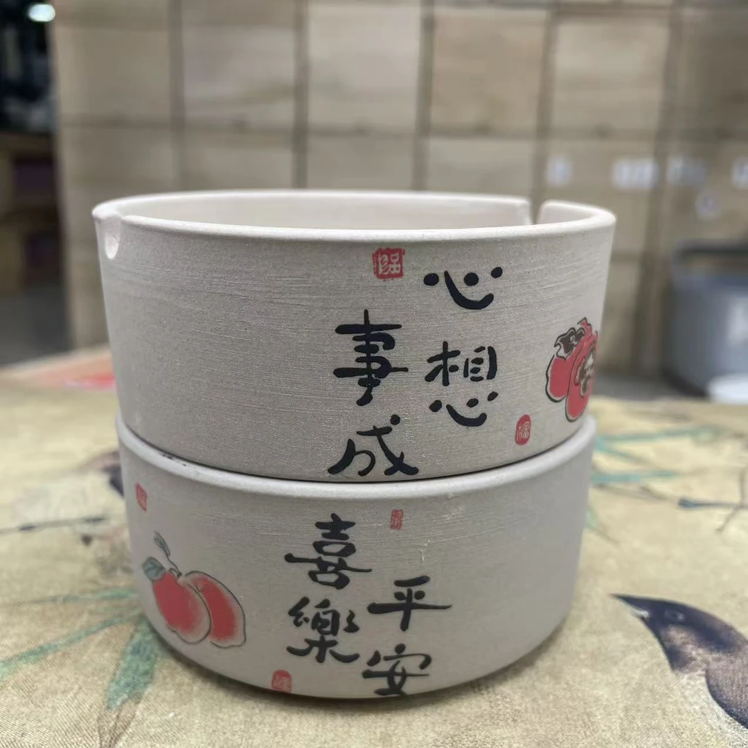 瓷韵优品 粗陶双孔平安喜乐烟灰缸家用简约陶瓷茶道配件-6246