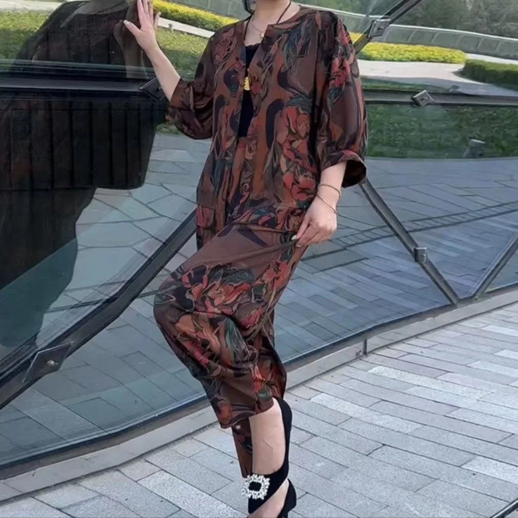 [610-8805-2]2025年夏季新款醋酸提花大兜时尚洋气短袖妈妈套装女