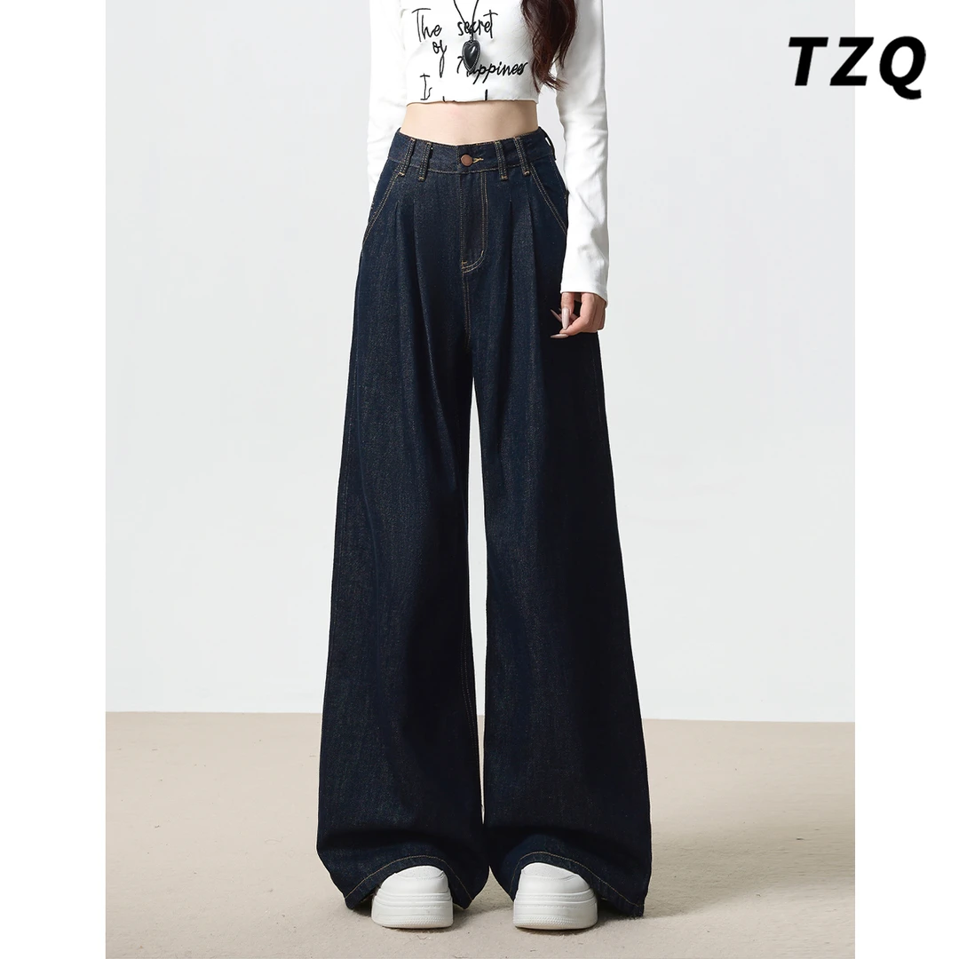 丹宁蓝阔腿牛仔裤女秋季新款美式复古宽松拖地直筒裤子TZQ2581609