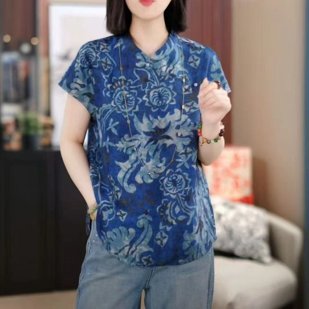 爆款短袖立领时尚复古新中式国风青花瓷气质衬衫宽松上衣短款