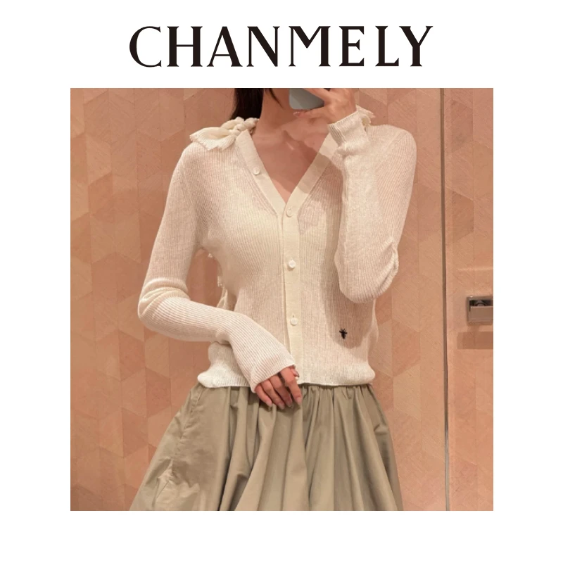 【CHANMITY】25/FW法式优雅V领荷叶边针织衫长袖上衣025947