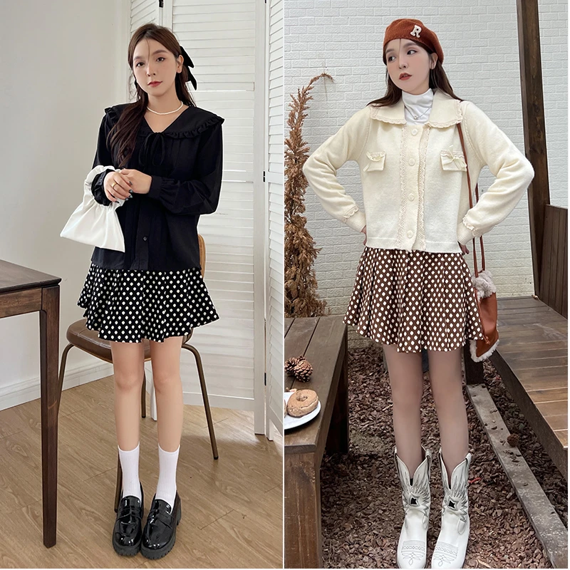 【涵胖胖】【青】大码女装百搭好穿少女波点百褶裙   0049