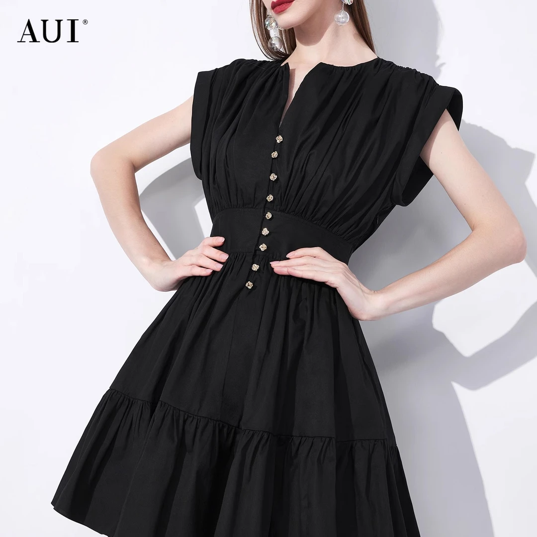 【达人专属】aui黑色设计褶皱连衣裙收腰小黑裙-23W012591