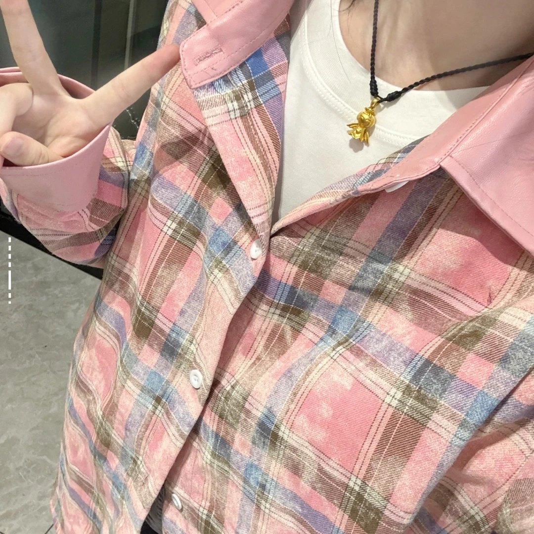 No Tears 美式复古高街休闲百搭衬衫扎染撞色格子翻领男女同款