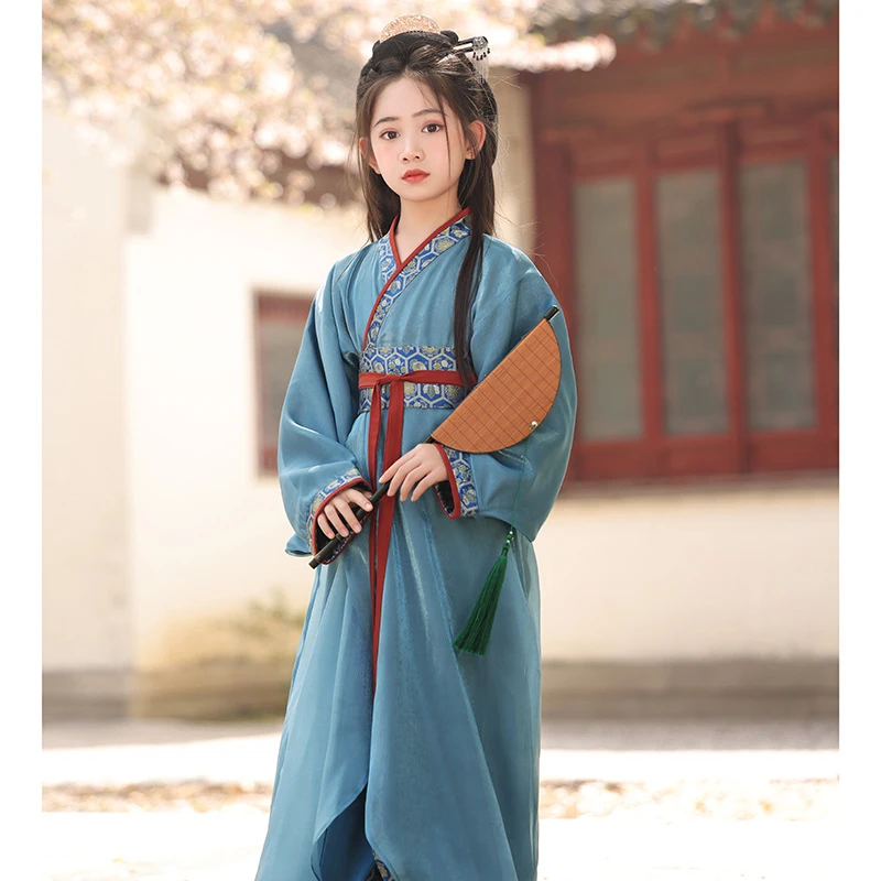 女童战国袍蓝色交领复原款直裾袍中国风古装汉服儿童舞台演出服春