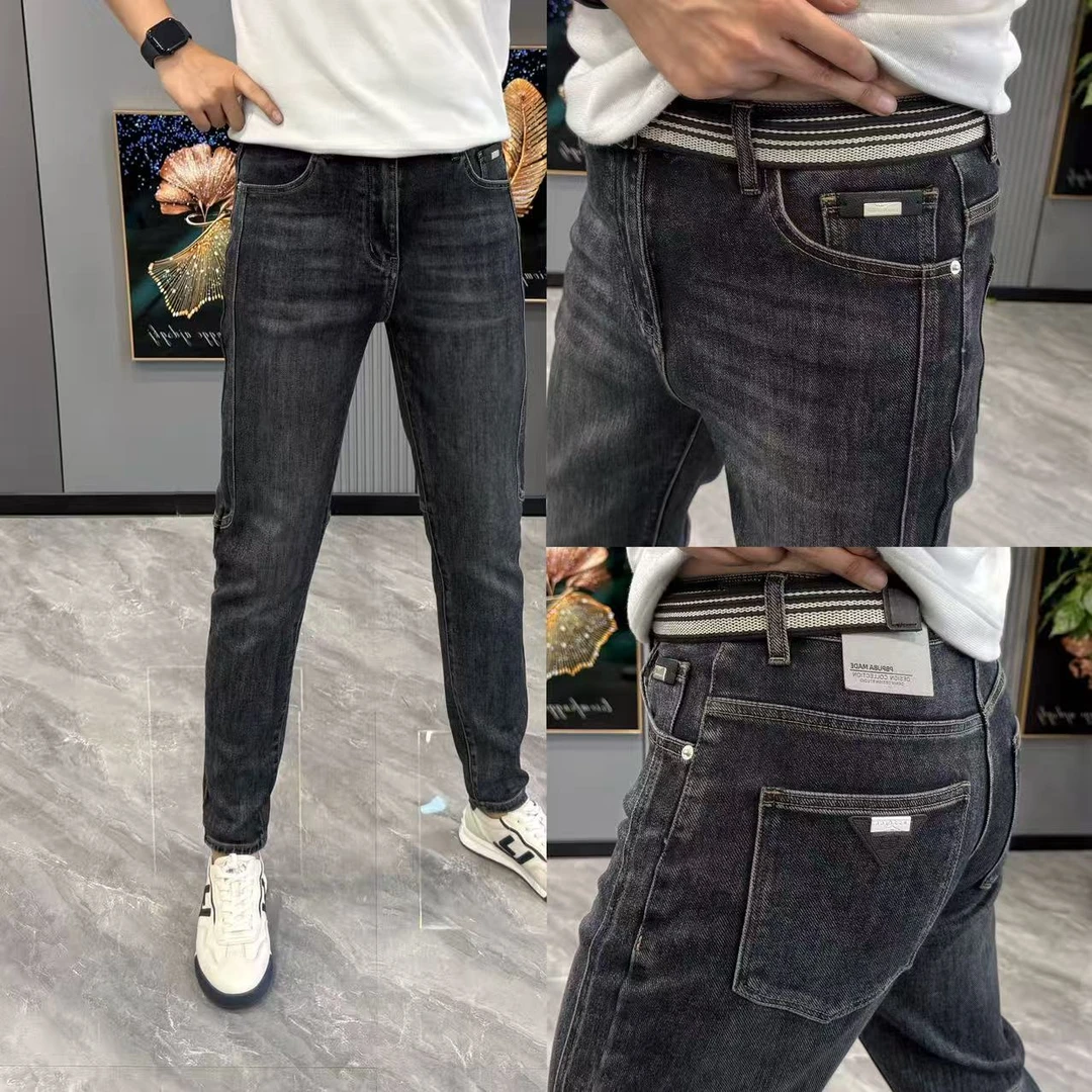 男式简约长裤时尚拼接小脚裤深色牛仔裤男款爆款2025新款