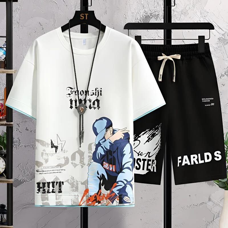 青少年夏季套装2025新款时尚短袖短裤套装男士初中高中大学生套装