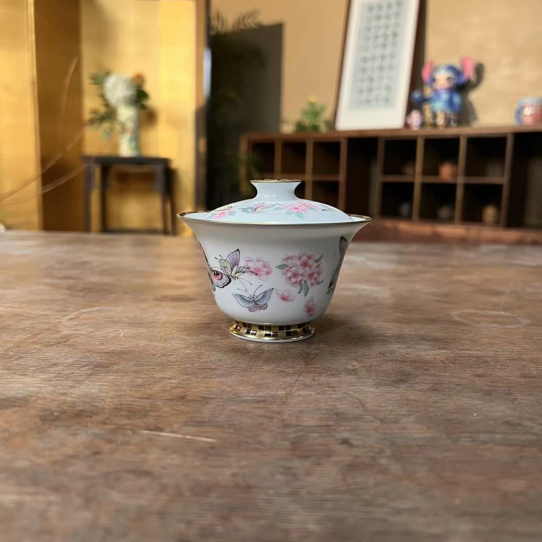 【悦生活】珠光月牙白-华隐堂-桃花蝴蝶盖碗-120ml（华隐S1257）